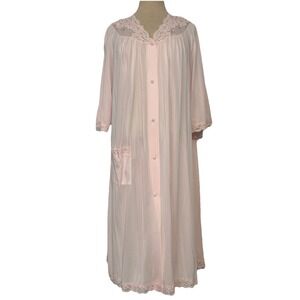 Shadowline Vintage Pink Lace Trim Rosebuds Long Sleeve Robe Duster Large USA